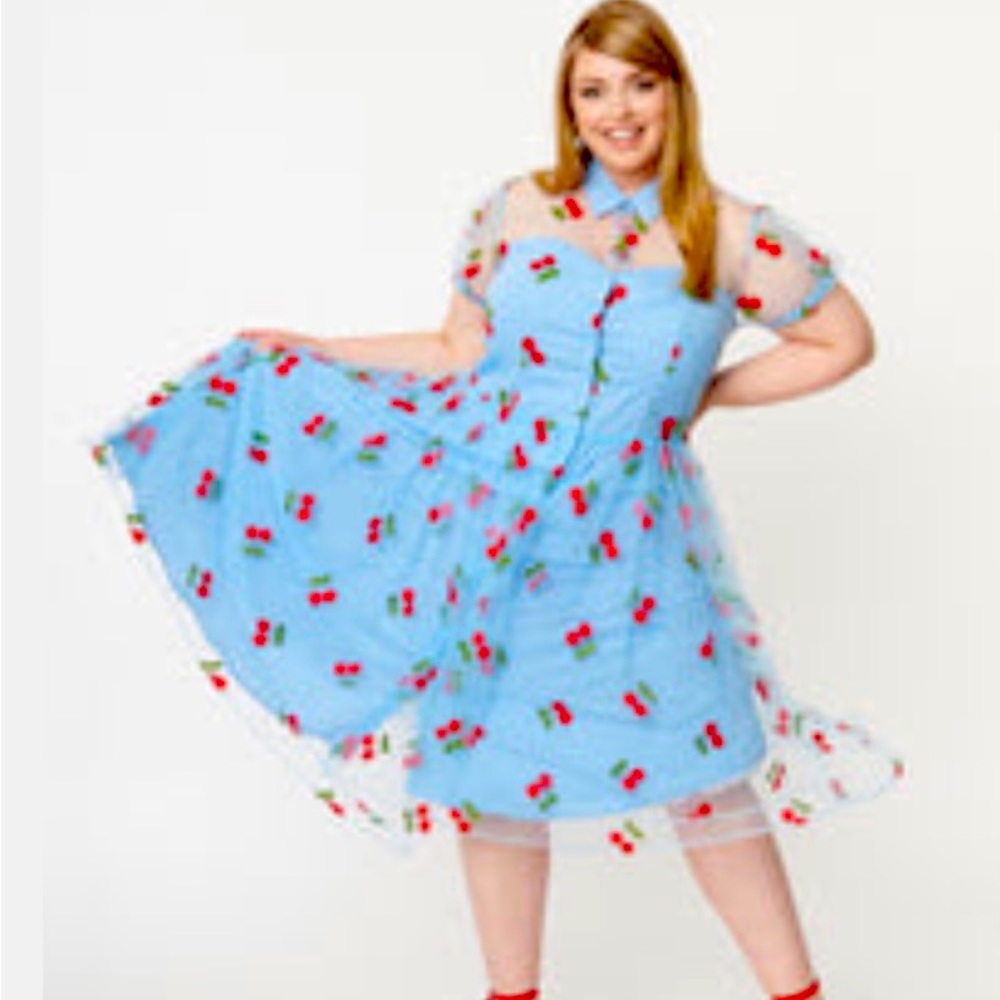 Unique Vintage Plus Size Blue & Red Embroidered Cherry Swing Dress 1X/16